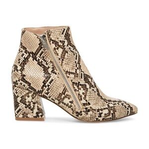 STEVE MADDEN CHECKMATE FAUX LEATHER SNAKESKIN ASYMMETRIC ZIP POINTED TOE BOOTIES